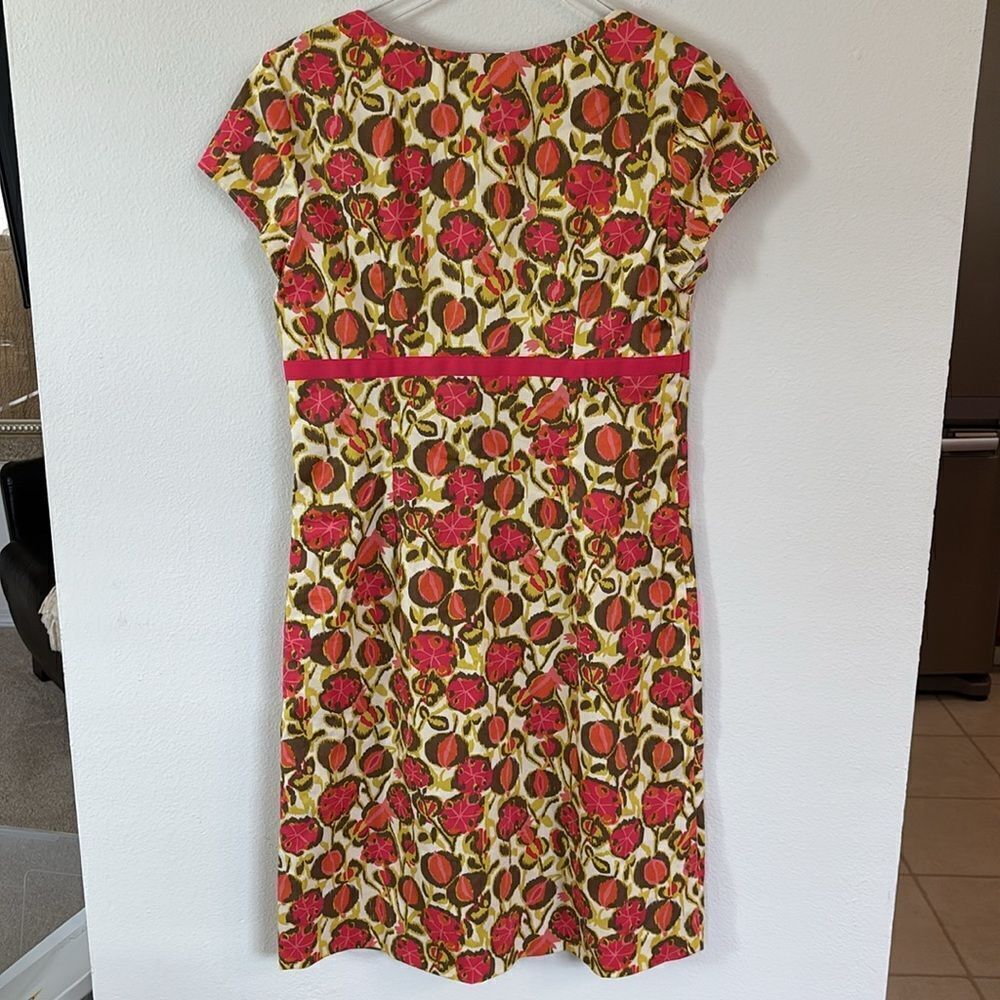 Boden Floral Pink Green Empire Waist Cotton Sheath Dress Cap Sleeves Size US 8R - Picture 6 of 10